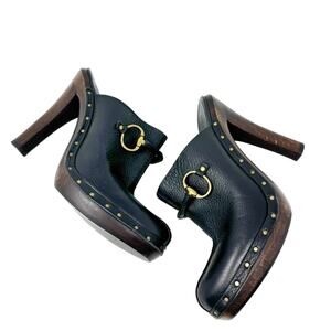Gucci Black Leather Horsebit Platform Clog Heels Size US 7 Made in Italy